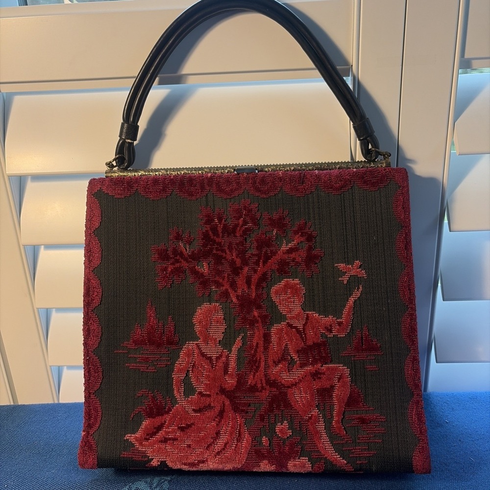 EXTRAORDINARY 1940's Needlepoint Brocade Purse COURTING SCENE Tapestry Handbag